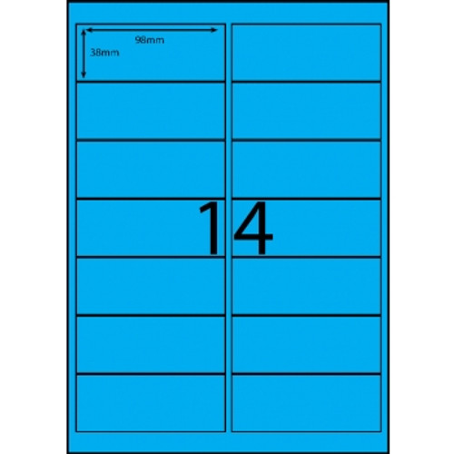 A4 COLOURED LASER LABELS SQUARE EDGES 98mm x 38mm, 14 Labels p/page, Fluoro Blue, Bx100