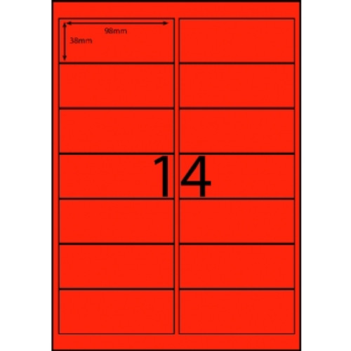 A4 COLOUR LASER LABELS SQUARE EDGES 99 x 38.1mm, 14 Labels p/page, Fluoro Red, Bx100
