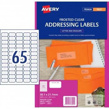 AVERY J8551 FROSTED CLEAR ADDRESS LABELS 38.1 x 21.2 mm, Inkjet, Permanent, 1625 Labels / 25 Sheets