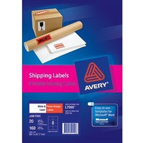 AVERY LASER WARNING LABELS L7990 8/Sheet 99.1x67.7 Neon Orange / White (Pack of 160)