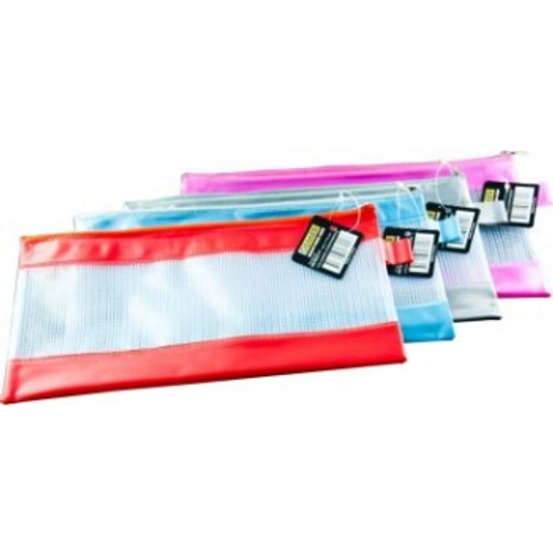 MESH PENCIL CASE PVC POUCH with Coloured Bands Assorted Colours 34 x 17cm