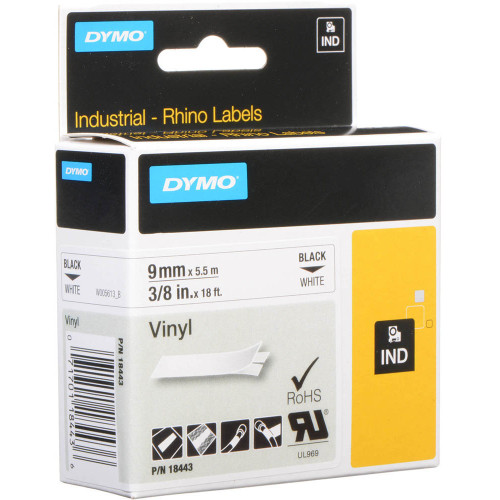 DYMO RHINO INDUSTRIAL LABEL TAPE 9mm x 5.5m Black on White Vinyl Tape