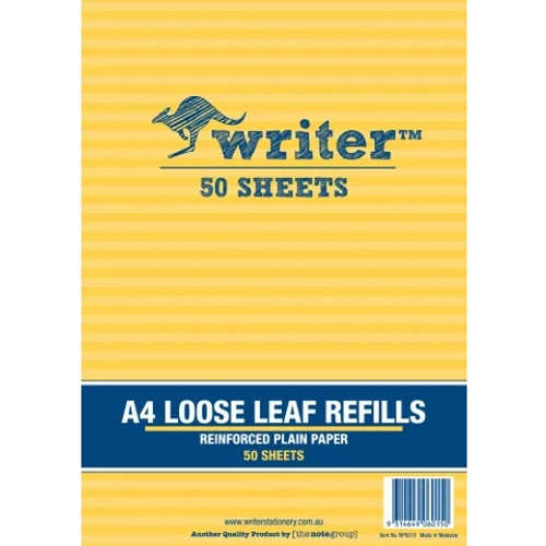 A4 BINDER REINFORCED LOOSE LEAF REFILLS PK50 PLAIN UNRULED