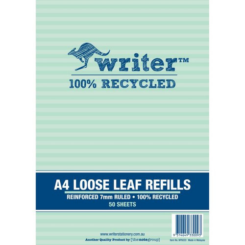 A4 LOOSE LEAF REINFORCED BINDER REFILLS 60GSM 8MM RULED RECYCLED PK50