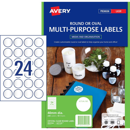 AVERY L6112C CRYSTAL CLEAR POLYESTER ROUND MULTI-PURPOSE LABELS 40mm Diameter Permanent 240 Labels / 10 Sheets