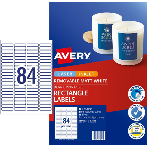 AVERY L7656 MEDIA LASER/INKJET MULTI-PURPOSE REMOVABLE LABELS 35MM SLIDE 84 LABELS PER SHEET 46 X 11.11MM (2100 Labels)