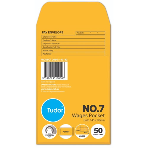 TUDOR ENVELOPES NO.7 WAGE ENVELOPES PRESSEAL 90 X 145 GOLD PK50