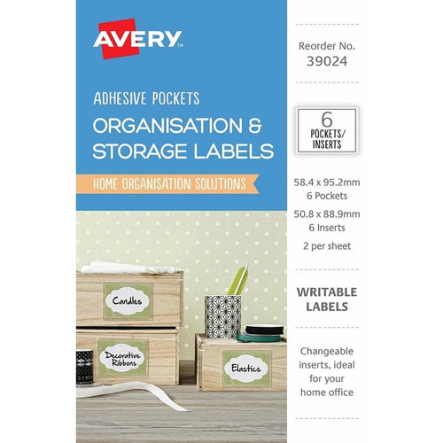 AVERY 39024 POCKETS ADHESIVE WITH WHITE INSERTS CLEAR PACK 6