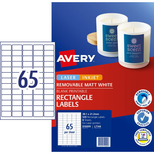 AVERY RECTANGULAR PRICING LABELS (L7144) 38 x 21 mm, Laser, Inkjet, White (Pack of 520)