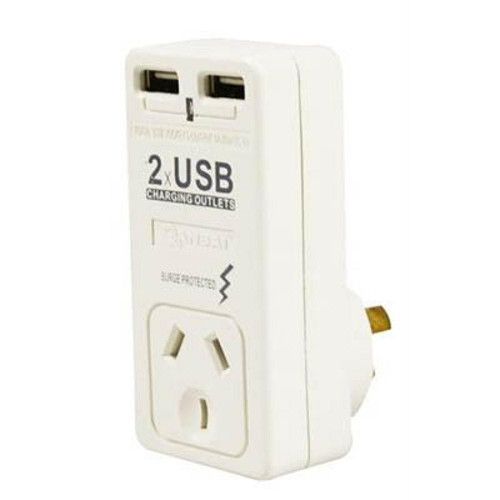 ITALPLAST Single Adaptor with Surge Protection & 2 USB Charge Ports - White (1A 5V Max /Outlet)