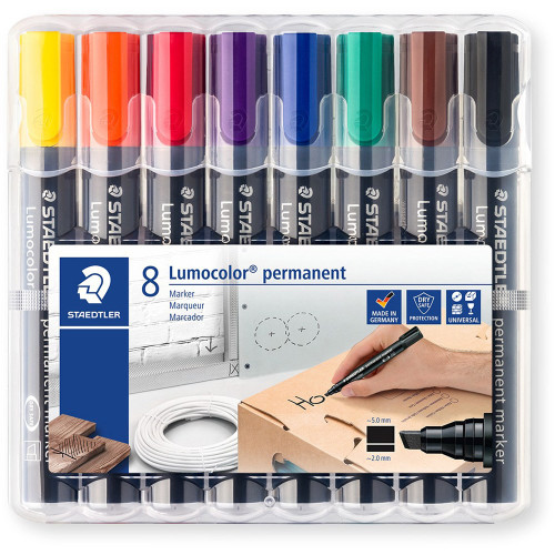 Staedtler 350 Lumocolor Permanent Marker 2.0 - 5.0mm Chisel Point Assorted Colours Wallet of 8