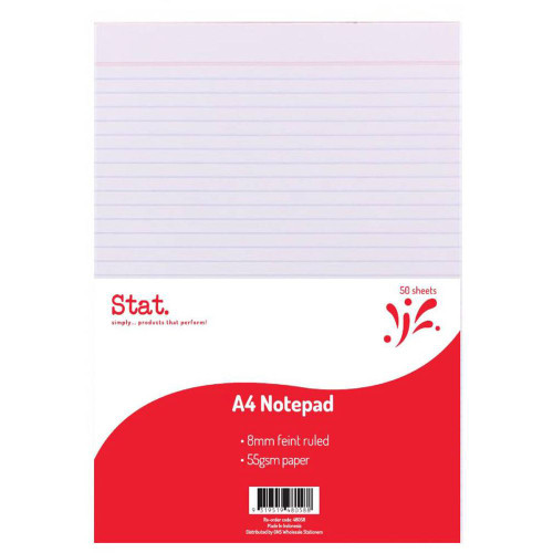 STAT NOTEPAD A4 8MM RULED 55Gsm White 50 Sheet