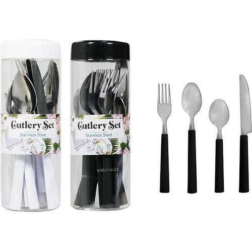 Cutlery 16pc Set In Cylinder Set of 16 (Includes 4 Knives/4 Forks/4 Teaspoons/4 Spoons) Assorted Colours
