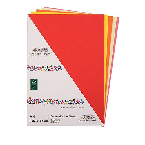 COLOURFUL DAYS COLOURBOARD 200GSM A4 297X210MM ASSORTED WARM PK 25