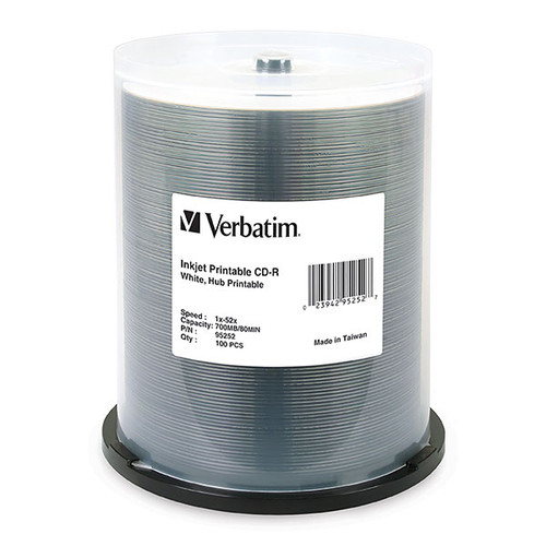 VERBATIM RECORDABLE CD'S CD-R 80Min 52X Wide IJ Pk100