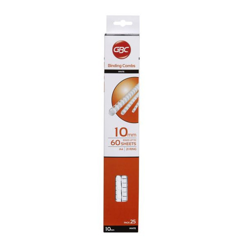 GBC PLASTIC BINDING COMB 10mm 21 Ring 65 Sheets Capacity White Pack of 25