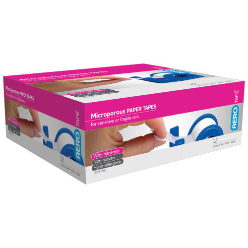 AEROTAPE White Microporous Paper Tape with Dispenser 1.25cm x 9.1M Box of 12