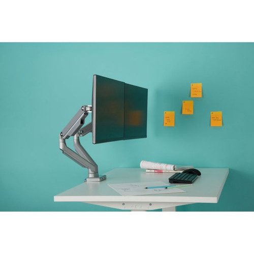 EMA14 Series Dual Monitor Arm Spring Adjustable with USB and Cable Channel Silver Grey
