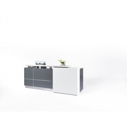 Calvin Reception Counter 2500Wx950Dx1150mmH Metallic Grey/Matte White-LHS Feature Panel When Seated