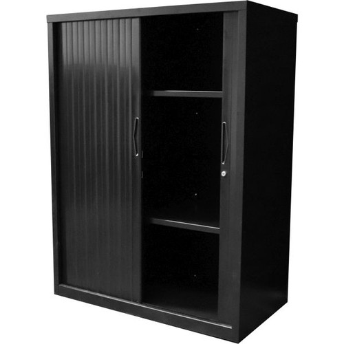 Go Steel Tambour Door Storage Cupboard Includes 2 Shelves 1016Hx1200Wx473mmD Black