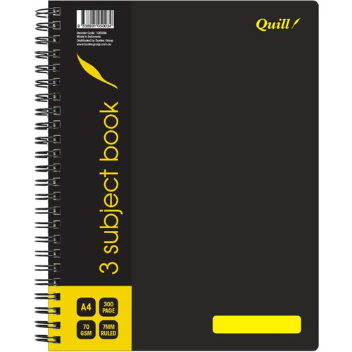 Quill Q Series 3 Subject Book 70gsm PP A4 300 Pages - Black (10599A)