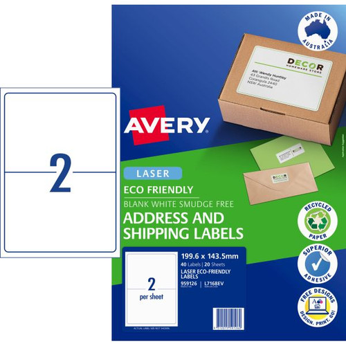 Avery Eco Friendly Labels Laser Printer White 199.6 x 143.5mm 2UP 40 Labels