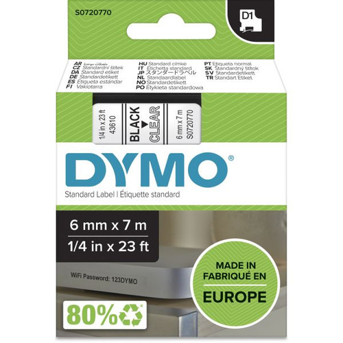 DYMO D1 6MM BLK ON CLR LABEL CASSETTE