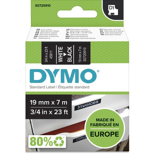 DYMO D1 LABEL CASSETTE 19MMX7M WHITE ON BLACK S0720910