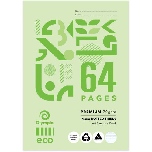Olympic ECO Exercise Book 70gsm D964 A4 9mm Dotted Thirds 64 Page, Pack of 20 (198881)