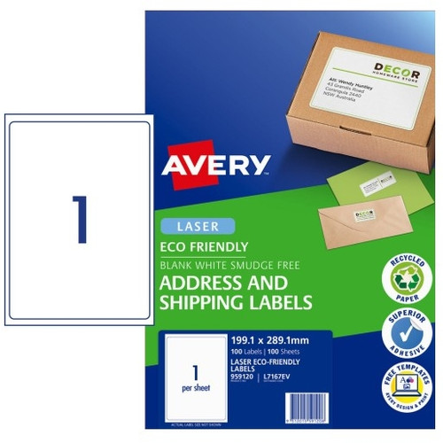 AVERY 959120 L7167EV ENVIRO LASER LABEL LARGE SIZE 199.6 X 289.1 MM 1UP WHITE PACK 100