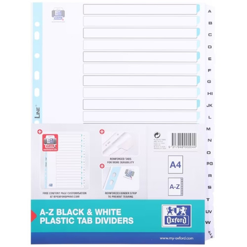 Oxford A4 A-Z Plastic Tab Dividers Reinforced Black/White