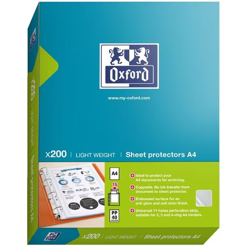 Oxford A4 Sheet Protector A4 Light Weight PP 40 Micron Clear 200 Pack