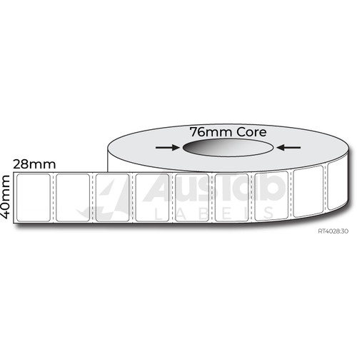 THERMAL TRANSFER LABELS WHITE MATT PERMANENT ADHESIVE 40 X 28 2500 PER ROLL ON 25MM CORE CARTON OF 12 ROLLS (30K LABELS)