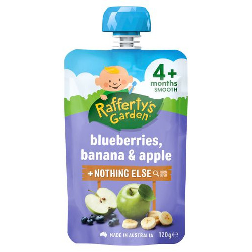RAFFERTYS 4 MONTHS+ BLUEBERRIES BANANA AND APPLE BABY FOOD 120GM
