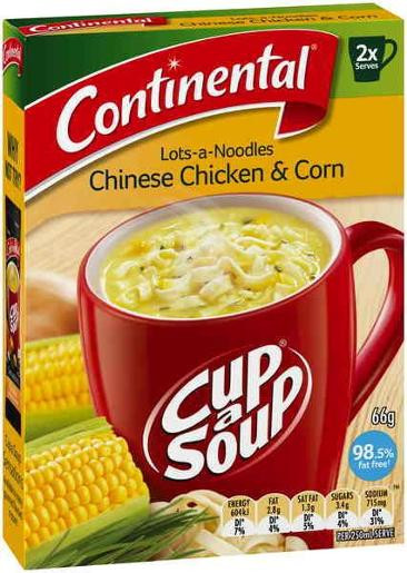 CONTINENTAL CHINESE CHICKEN & CORN LOTS-A-NOODLES SOUP 2 SERVES 66GM