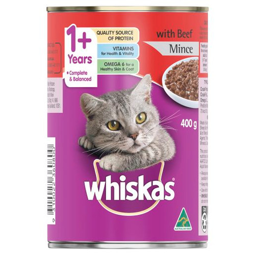 WHISKAS 1+ YEARS BEEF MINCE CAN 400GM