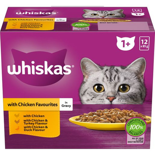WHISKAS FAVOURITE WITH CHICKEN MVMS WET CAT FOOD 12X85GM