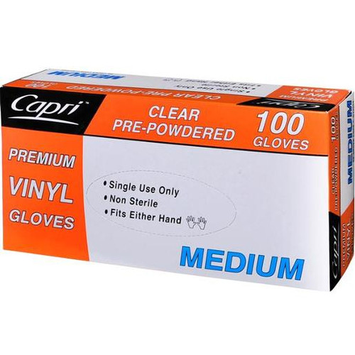 CAPRI PREMIUM VINYL CLEAR MEDIUM GLOVES PRE-POWERED 100S (Carton of 10)