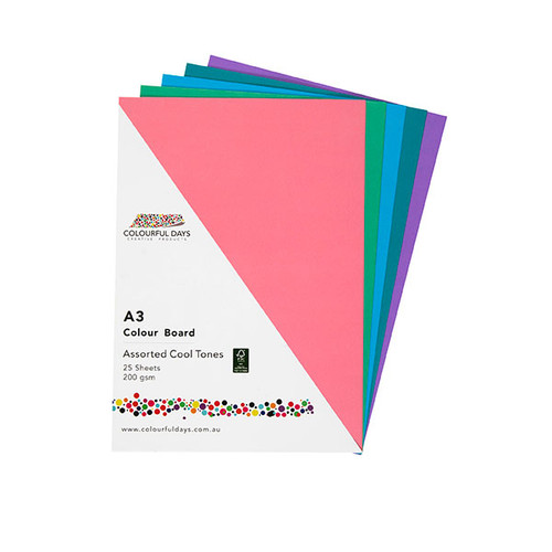 COLOURFUL DAYS COLOURBOARD A3 200GSM COOL ASSORT PACK 25