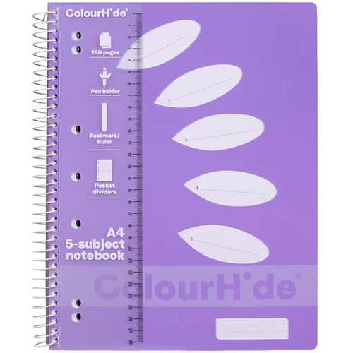 COLOURHIDE 5 SUBJECT NOTEBOOK A4 250PG LAVENDER