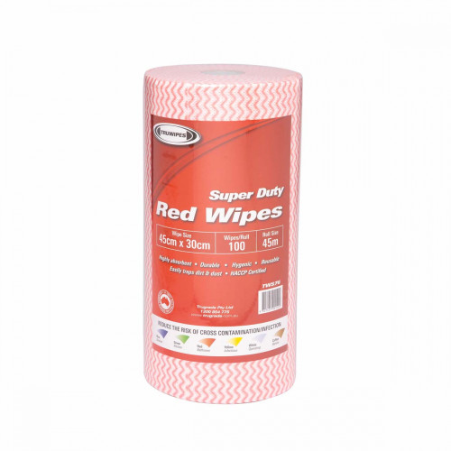 Truwipes Multipurpose Super Duty Perforated Wipes 30cm x 45cm, 70gsm, 100 Sheets per Roll - Red
