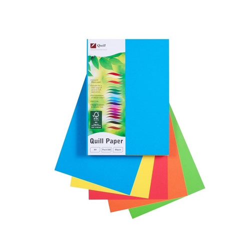 Quill Coloured Paper 80gsm A4 - Bright Assorted, Pack of 500 (90193)