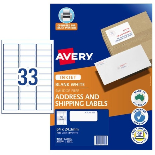 Quick Peel Address Labels J8157-50 33UP with Sure Feed 64 x 24.3 mm, Inkjet, Permanent, 1650 Labels / 50 Sheets