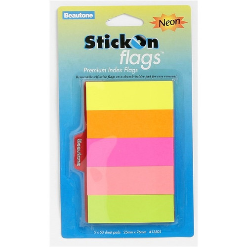 Stick On Flags 25mm x 76mm 50 Sheets - Neon Assorted, Pack of 5 (13501)