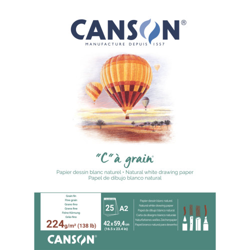 Canson CA Grain 224gsm Pad A2 White 25 Sheets, Each