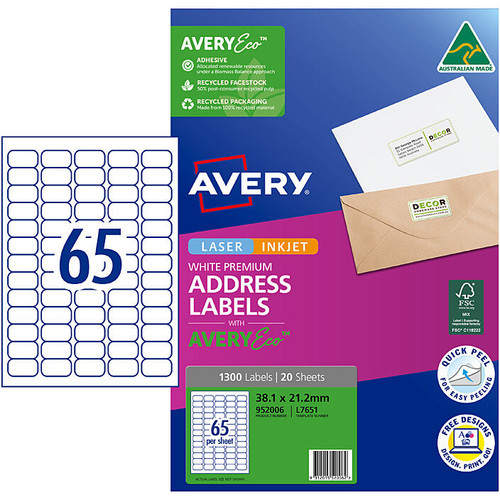 AveryEco Label L7651 38.1 X 21.2mm, 65 Labels per Sheet, Pack of 1300 Labels (20 Sheets)