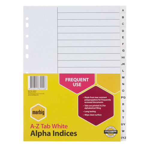 MARBIG POLYPROPYLENE DIVIDERS - ALPHABETICAL A-Z A4 White