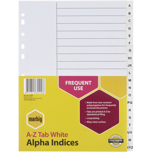 MARBIG POLYPROPYLENE DIVIDERS - ALPHABETICAL A-Z A4 White