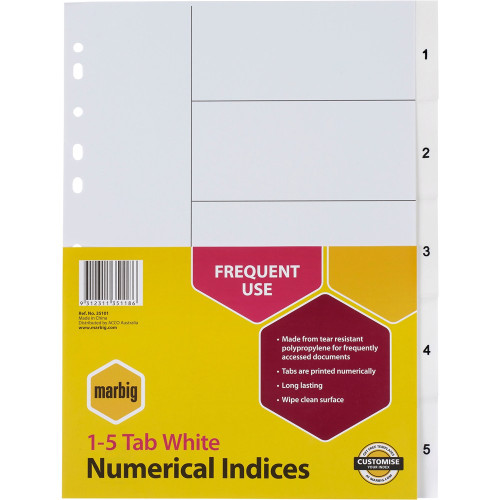 MARBIG POLYPROPYLENE DIVIDERS - NUMERICAL 1-5 A4 White