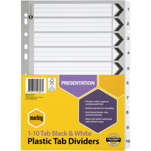 MARBIG PLASTIC BLACK/WHITE TABBED MANILLA DIVIDERS 1-10 Tab A4 Black/White